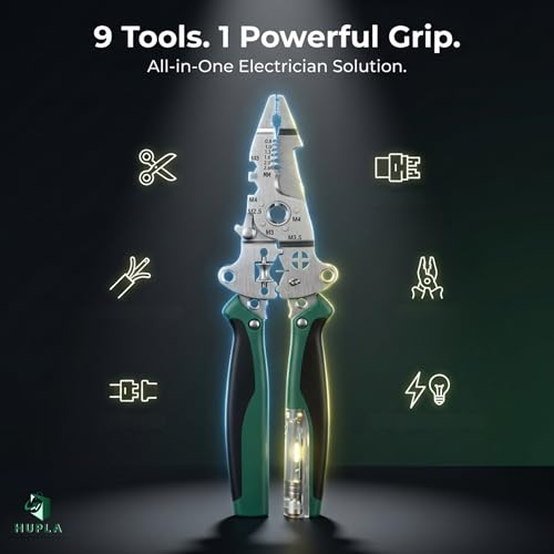 Image of HUPLA 9 in 1 Plier with Tester Light | Multifunction Foldable Wire Cutter & Wire Stripper | Wire Crimping Tool | Electric Tester Plier with Light | Professional Electrician Tool