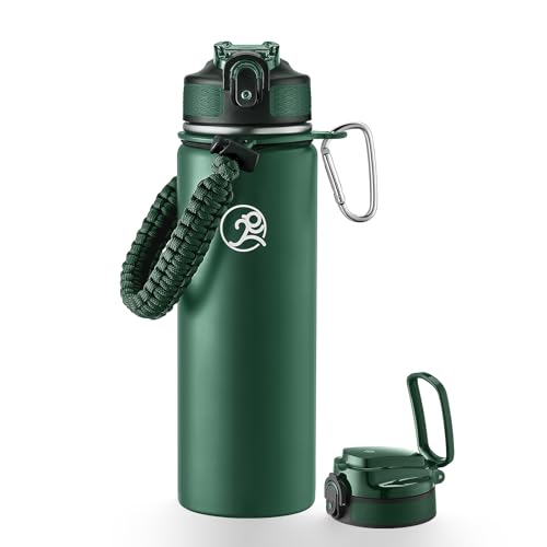 Image of GOSWAG 24oz Insulated Stainless Steel Travel Water Bottle, 2 Lids | with straw and no straw, Paracord handle, Double-wall vacuum keeps drinks cold or hot, Leakproof tumbler