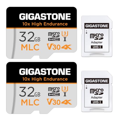 [10 x Alta Resistencia] Gigastone Tarjeta de Memoria Micro SD 32GB MLC Paquete de 2, 4K Video, Cámara de Seguridad y Vigilancia, Compatible con Cámara de Tablero, 95MB/s, U3 C10