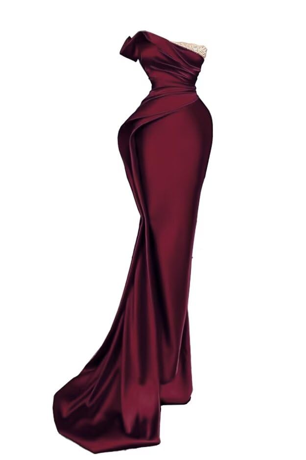 Sequin Beaded Mermaid Prom Dresses Long Strapless Off Shoulder Satin Ruched Formal Evening Party Gowns with Train 2023