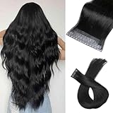 Human Hair Extensions Micro Ring PU Hair Extension Glueless Remy Human Hair Extensions with Holes Natural Black Invisible Skin Weft Tape in Hair Extension for Women (35g 4Pcs,20 Inch)