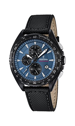 Image of Festina Men's Quartz Watch with Blue Dial Chronograph Display and Black Leather Strap F16847/3