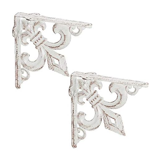 Relaxdays Escuadras Estantería Envejecidas, Set 2, Soportes Balda Hierro Fundido, Flor de lis, Retro, Color Blanco, 14,5 x 3,5 x 14,5 cm