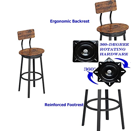 IRCPEN Bar Stools with Back, Set of 2 Swivel Breakfast Stools,41-Inch High Kitchen Stools with Backrest, Footrest, Industrial Seat for Dining Room Kitchen Bar (17.7X 22.4 X40.75 inches)
