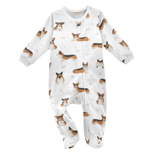 Image of SHJI Black Welsh Corgi Baby One-Piece Footies Paw Long Sleeve Rompers Pajamas Zip Front Pjs for Boys Girls kids 3M