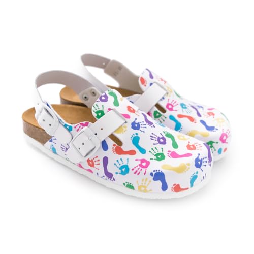 Haikon Zuecos Bio para Mujer, Estampado de Manos y Pies, Correa de Tobillo, Plantilla Corcho, Modelo Hand, Uso Sanitario y Doméstico (Sistema Tallas Calzado EU, Adulto, Mujer, Números, Mediano, 36)