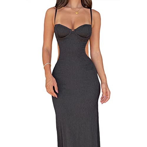 Finegoodwei Vestido feminino sexy de alças finas sem mangas para o verão, cor lisa, vestido de festa