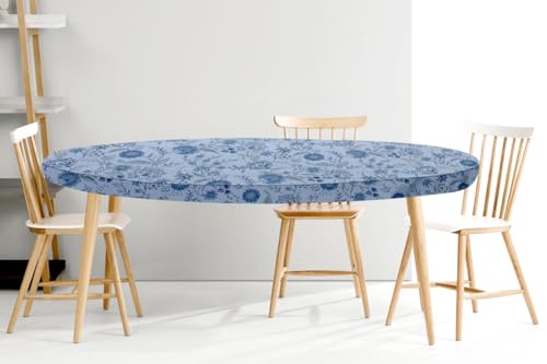 Image of The Furnishing Tree Elastic Cotton Oval Dining Table Cover 35x63 in Inches Floral Navy Blue