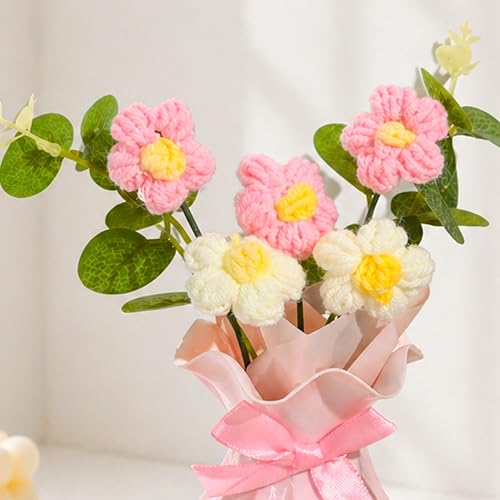 Image of Art Street Handmade Crochet Flower Vase | Pink & White Knitted Artificial Flowers with Green Leaves | Decorative Pink Vase with Ribbon for Home Decor, Birthday, Anniversary