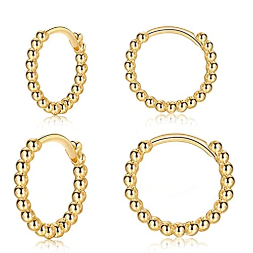 Image of Gold Hoops Earrings for Women| 2 Pairs Small Sterling Silver Post Beaded Huggie Earrings| Hypoallergenic Tiny Cartilage Sleeper Cuff Jewelry for Men Ladies Girls, 8mm 10mm