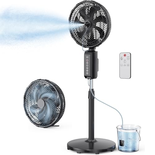 ATEngeus Outdoor Misting Fan 20000mAh Up to 21H Running Time, 12-Inch outdoor Oscillating Fan for Patios, 2 In 1 Pedestal & Tabletop Cooling Fan with Mister, Corded & Cordless, 7 Speeds, Remote, Timer