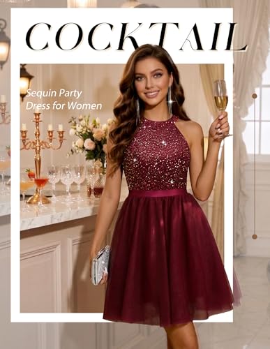 Image of Dressystar Women's Sequin Short Prom Dress Sparkly Halter Tulle Cocktail Party Homecoming Dresses