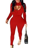 LAGSHIAN Women's Sexy 2 Piece Outfits Long Sleeve Hooded Crop Top Sleeveless Tank Jumpsuit Set Red