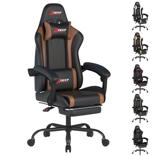 DEEPfurnitureマッサージゲームチェア フットレスト付き オフィスチェア ゲーミングチェア 連動アームレスト オフィスデスクチェア ゲーム専用チェア eスポーツライフ ホームグッズ(1001GM-ブラウン)