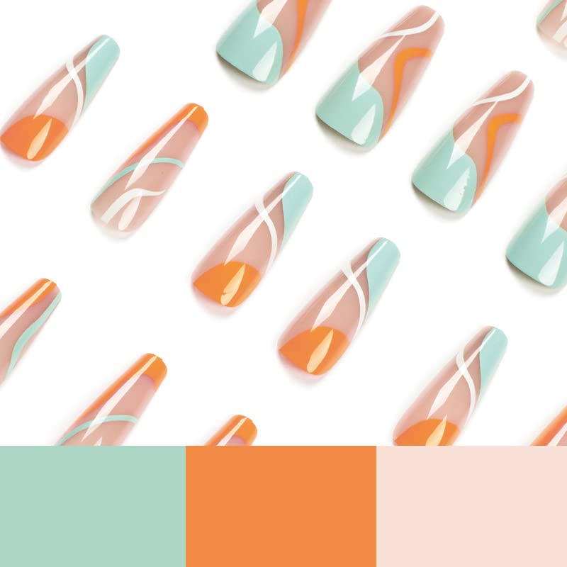 Miniatura 2 de 24 uñas postizas a presión con forma cuadrada de ataúd, de longitud larga, color rosa nude, con diseño francés de remolinos naranja, verde, uñas