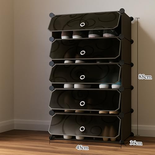 Image of Zemic Multipurpose Modular Plastic Shoe Rack for Home with Door | 𝟓 𝐒𝐡𝐞𝐥𝐟 Stackable Organizer | Waterproof & Dustproof | Space Saving Storage for Home, Bedroom & Entryway【Black, 5-Door-5-Shelf】