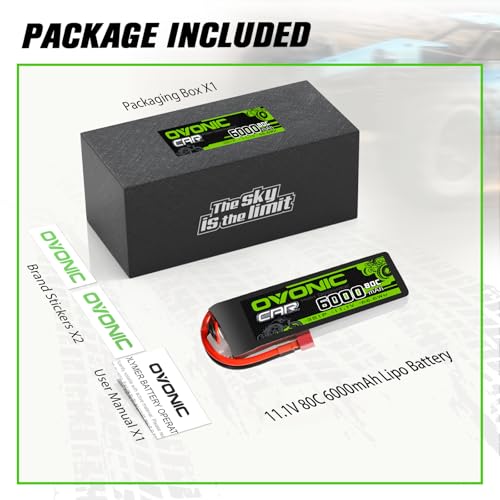 OVONIC 11.1V Lipo Battery 3S 80C 6000mAh Hard Case Battery with Dean-Style T Connector Plug for RC 1/8 1/10 Scale Vehicles Car Trucks Boats