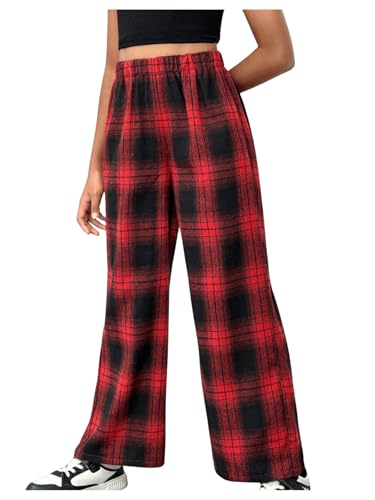 Image of SHENHE Girl's Plaid Pants Elastic Waist Loose Buffalo Plaid Straight Leg Pants