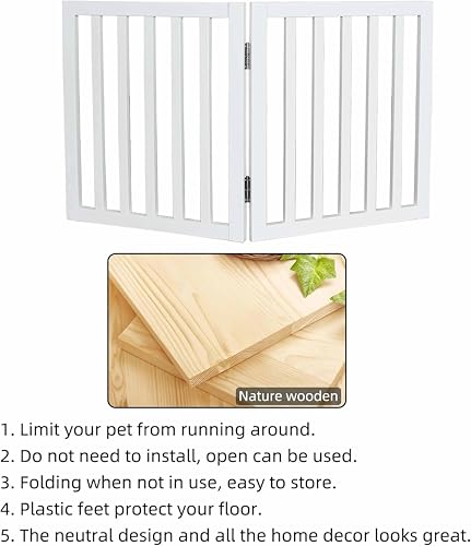 Image of Belief Foldable Wooden Pet Gate for Dogs & Cats - Indoor Safety Barrier for Doorways, Hallways & Stairs | Free-Standing, Portable White Dog Fence - 3 Panel, 60 cm Height (【2 Panels 】 39''W x 30''H)