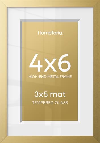 Image of Homeforia 4x6 Picture Frame Gold, High End Metal 4 x 6 Gold Frames with Mat 3 x 5 for Print, 4by6 Desk Frame Matted to 3x5 inch Photo, 4 by 6 Wall or Tabletop Frame, Tempered Glass, Wall Kit, Set of 2