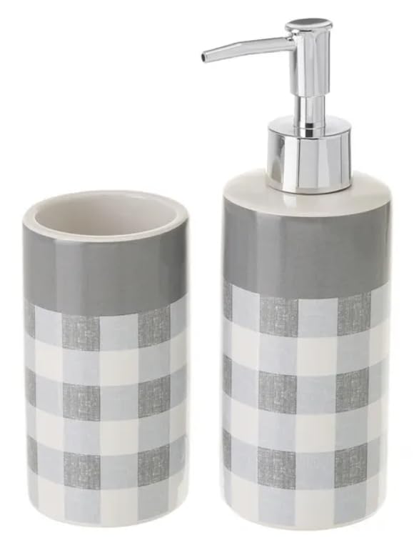 Space Home - Set de Baño - Dispensador Jabón Baño - Accesorios de Baño - Dosificador de Jabón Baño + Vaso para Cepillo - Set Baño Accesorios - Kit de Accesorios Baño - Cerámica - Rayas