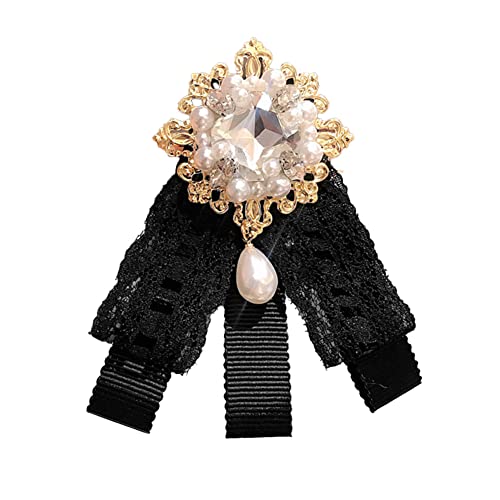Lace Ribbon Bow Tie Brooch Rhinestone Pearl Necktie for Girl Women Fashion jabot collar brooch pins Pre-Tied Corsage