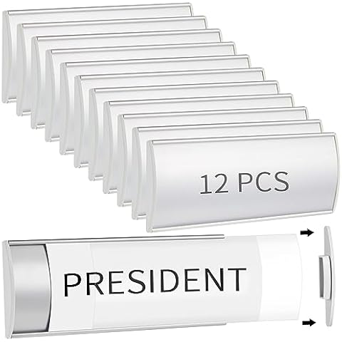 Therwen 12 Pcs Aluminum Office Name Plate Holder for Door Wall Mount 8'' x 3'' Business Sign Holder Office Door Sign Sturdy Curved with Plastic Film and Adhesive Tape (Silver) Cover