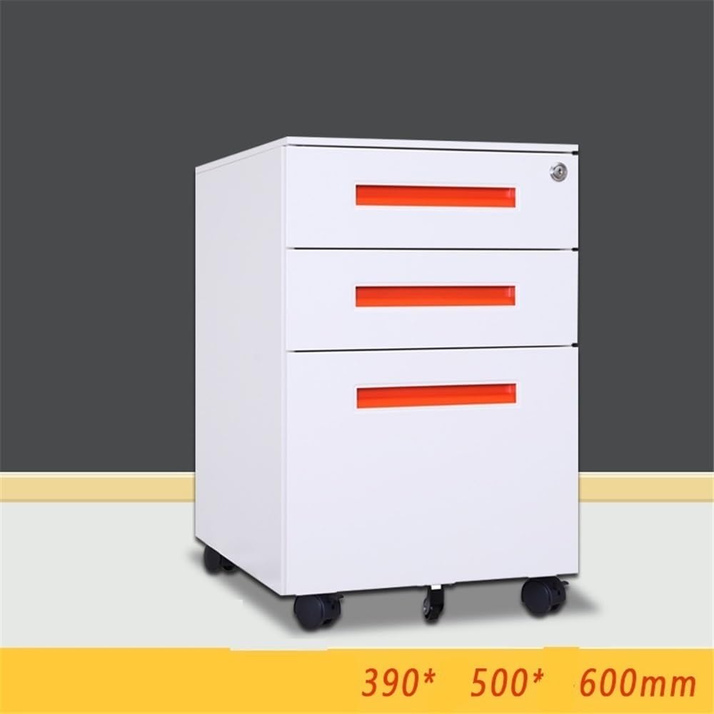 Büroschrank Farbiger mobiler Aktenschrank aus Stahl unter dem Schreibtisch, Dicker Lagerschrank, DREI Schubladen mit Rädern Aktenschrank(Orange)