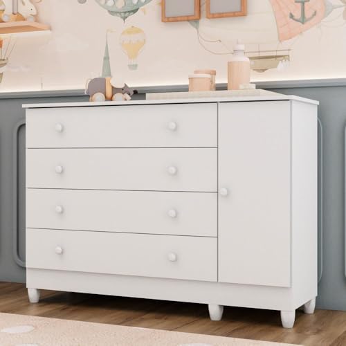 Cômoda Infantil 4 Gavetas com Fraldário Taís Branco Brilho Carolina Baby