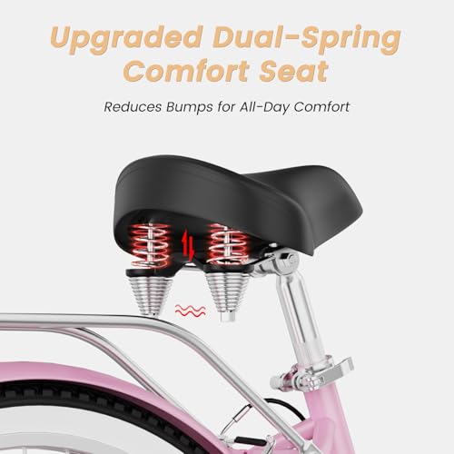 MOONCOOL Beach Cruiser Bike for Women and Men, 24/26 Inch 7-Speed Adult Bicycle, Comfortable Step-Through Frame with Rear Rack, Classic City Cruiser