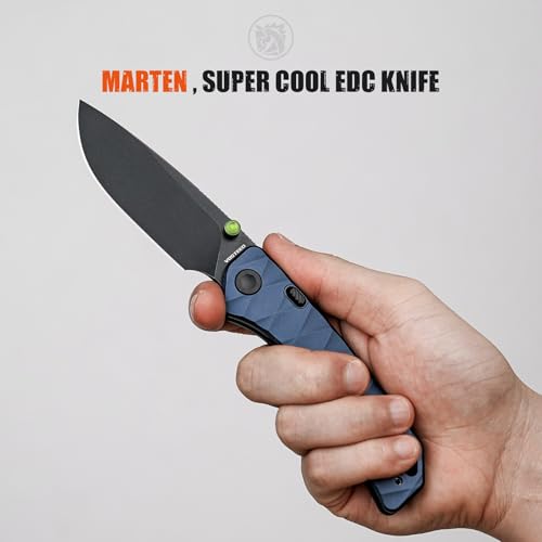 Image of Vosteed Marten EDC Folding Pocket Knife - 3.30 inch 154CM Black Stonewash Blade - Top Liner Lock, Dark Slate Blue Aluminum Handle - Camping, Fishing Knives - A1615