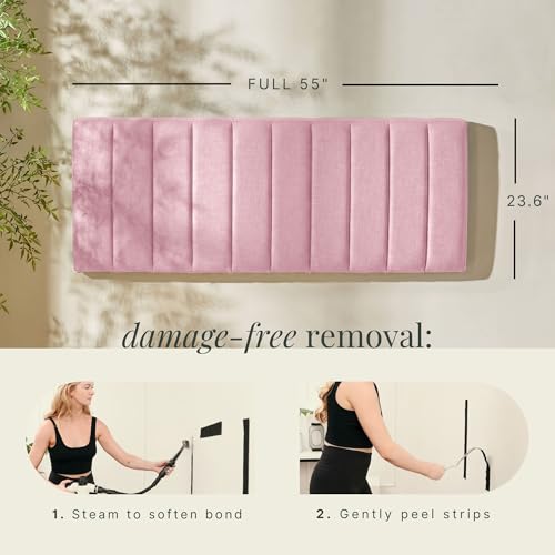 Image of Hearth & Harbor Wall Mounted Full Headboard Only, Bed Headboard Full Size | Easy Assemble, Floating Peel and Stick, Upholstered, Channel Stitched, 3D Wall Panels, 5 Strips of 3M Tape Included, Pink
