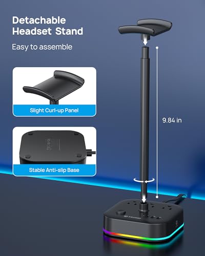TROND Headphone Stand with USB C, Desk Gaming Headset Holder with 3 AC Outlets, 2 USB A and 1 USB C, Headset Stand with 5 RGB Light Modes, for Gaming Desk Accessories Gamer Boyfriend Gifts