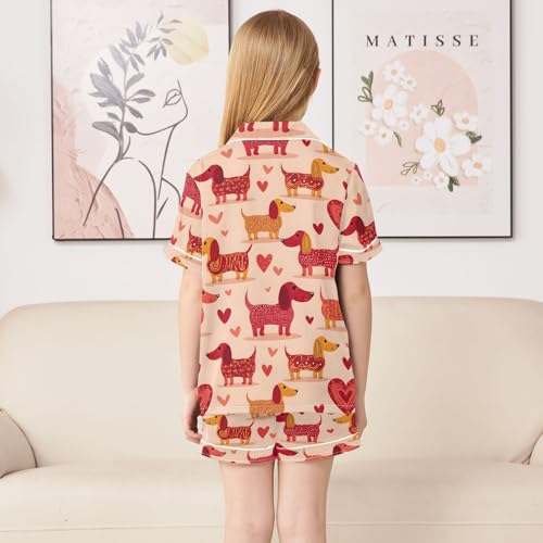 ALAZA Dachshund Love Heart Valentins Satin Pajamas Set Short Sleeve Button Down Sleepwear Summer Pjs 2 Piece4