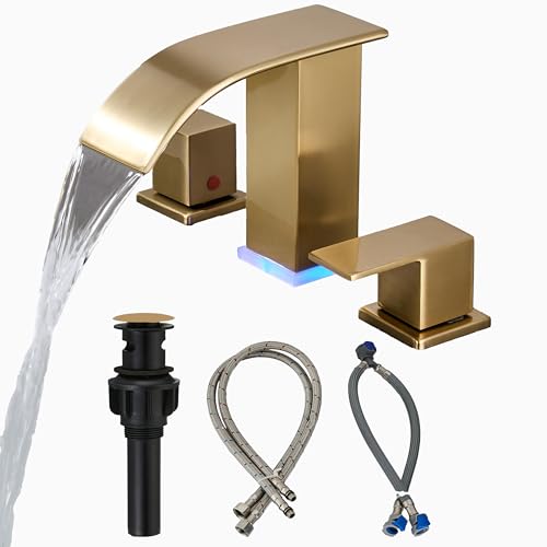Brushed Gold Bathroom Faucet 3 Hole Widespread Waterfall Vanity Faucet