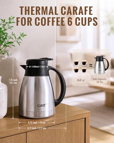 Image of GiNT Insulated Coffee Carafe 34 Oz, Small Stainless Steel Flask for Hot Coffee with Fully Washable Detachable Lid, Portable Thermal Pitcher One-Hand Push Button Tea Dispenser for Travel Camping Office