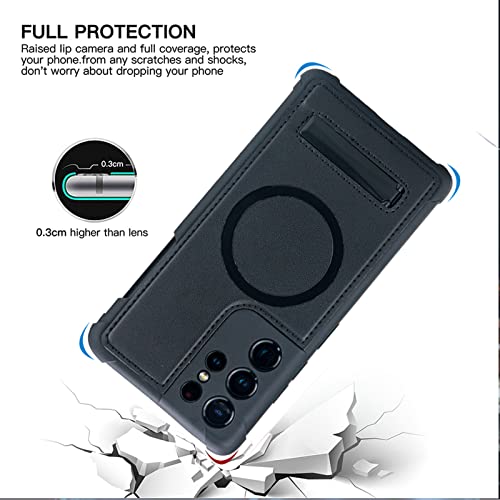 Kugew S Pen Holder Case For Samsung Galaxy S21 Ultra 5G Compatible With Magsafe, Built-In Kickstand & S Pen Slot Magnetic Ring Luxury Leather Back Metal Stand 4 Corners Rugged Bumper Cover (Black) #TOP5