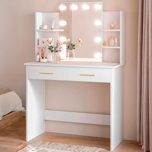 Marctani Tocador de Maquillaje con Luz FÁCIL Montaje - Escritorio Tocador Compacto con Espejo de 10 Luces LED Regulables - Mueble con 2 Cajones y 6 Compartimentos