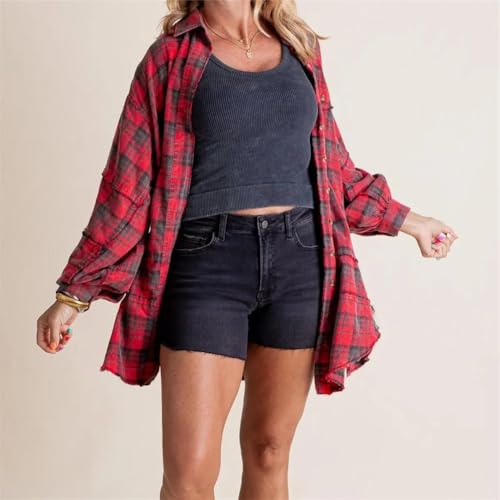 Women's Seams Raw Edge Washed Oversized Shirt Jacket Boyfriend Button Down Tartan Long Jacket Coats with Pockets4