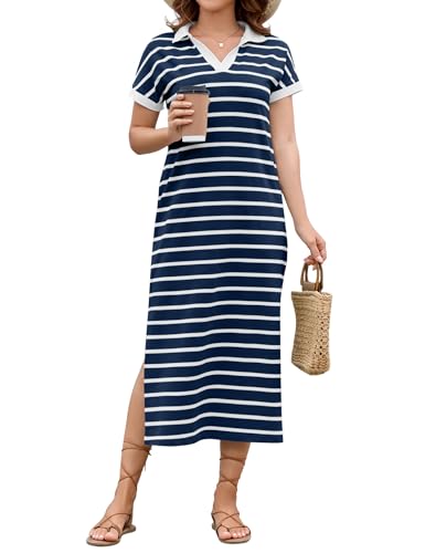 LOMON Women's Casual Vacation Dresses Striped Maxi Cruise Outfits Pocket Long Dress Summer Short Sleeve Split Dresses