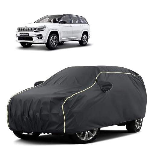 Image of Sulfar 100% Water Resistant Car Body Cover Compatible with Mirror for Jeep Meridian (Triple Stitched, Full Bottom Elastic, Dark Grey Tafetta with Yellow Piping)