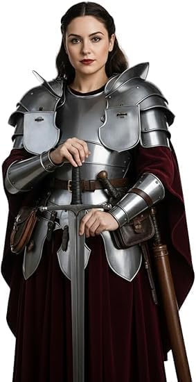 Women’s Medieval Knight Armor Steel Chest Plate with Attached Tasset Belt and Shoulder Armor, LARP Cosplay for Halloween, Theater, Reenactment