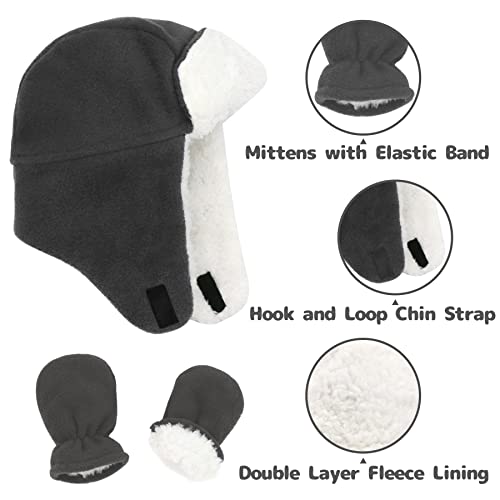 Baby Winter Hat Sherpa Toddler Boy Trapper Hats And Mittens Set Warm Fleece Infant Beanie Gloves Grey 6-12 Months #TOP2