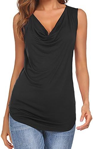 Qearal Womens Cowl Neck Ruched Sleeveless Blouse Casual Slim Fitted Shirt Tank Tops