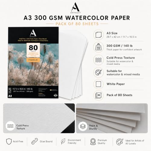 Image of ArtRight Artists' Watercolor Paper A3 300 GSM - 80 Sheets of Handmade Rough Grain Water Colour Papers for Watercolour, Acrylic, Gouache, Ink & Mixed Media