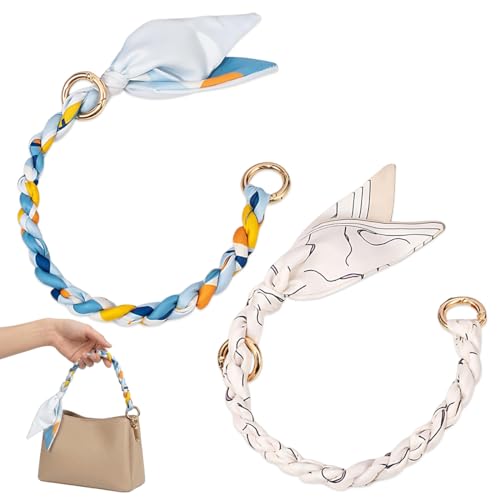 YIPFEN 2 Stück Bag Extender Kette, Designer Taschenhenkel aus Seidenschal mit Metallkette, goldene Karabiner, für Handtasche, Schultertasche, Clutch (Blau & Weiß)