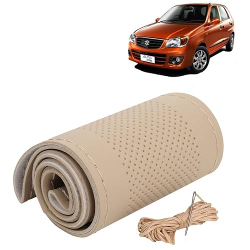 Image of KINGSWAY PU Leatherite Car Steering Cover Sewable Compatible with Maruti Suzuki Alto K10 (Year 2010-2014), Beige Color with Beige Thread, Pack of 1 with Sewing Needle and Thread