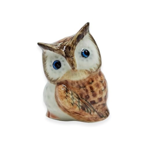 WitnyStore 1⅛" Brown White Owl Turning Head Ceramic Bird Figurine Terrarium Decoration Collectible Statue for Adult Collectors Handcrafted Porcelain Ornament Sculpture Home Room Tabletop Decor