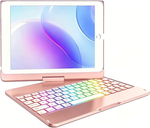 MMK iPad 6/5th Generation Case with Keyboard 2018/2017 Compatible with iPad Air 2/1 & iPad Pro 9.7 (2016) 10-Color Backlight 360 Rotation Magnetic Smart Wake/Sleep Cover Rose Gold