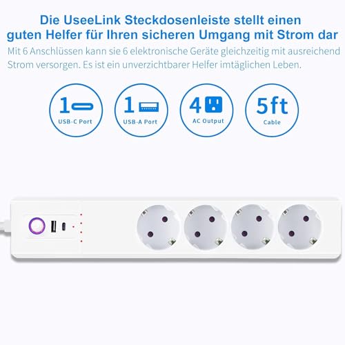 Jinvoo Steckdosenleiste, USB-C 65W, 1700J &Uuml;berspannungsschutz-Mehrfachsteckdose, Steckdosenverteiler mit 1,5 m wei&szlig;em Verl&auml;ngerungskabel, Office Home-Steckdose, &Uuml;berlastschutz,3000W,16A